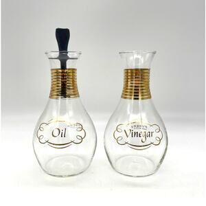 Vintage Pyrex Oil & Vinegar Cruet Set of 2 Bottles 1 Cap Clear & Gold